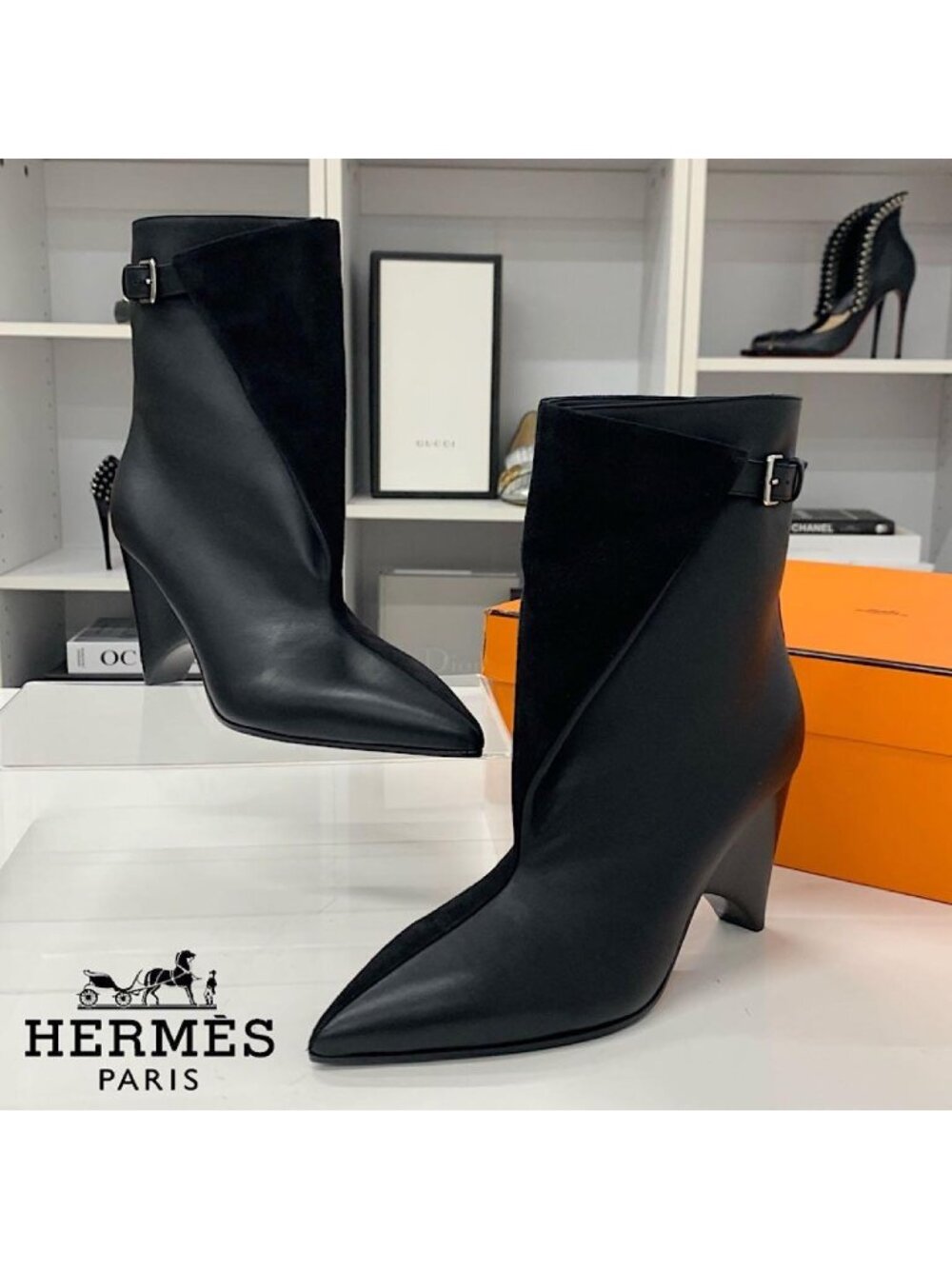 Hermes Hanae Suede Leather Short Boots Black